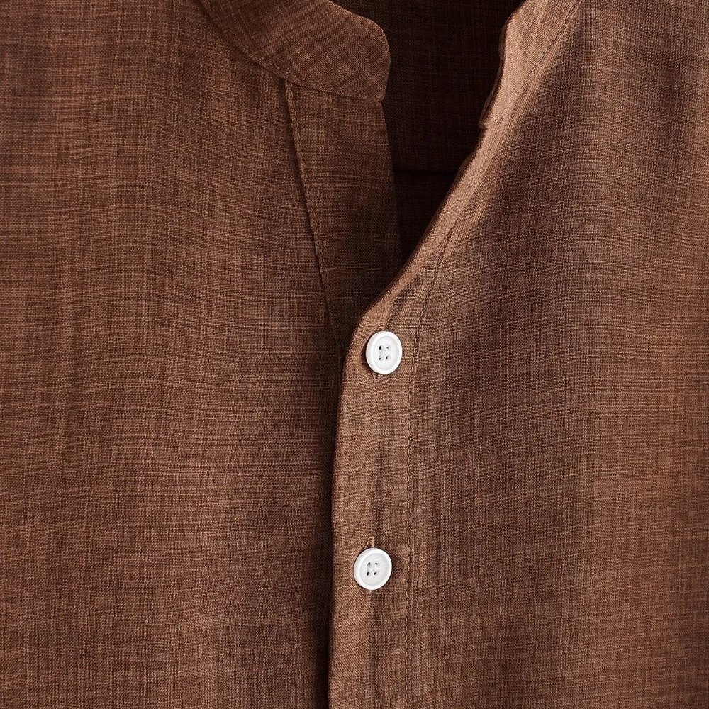 Coffee Brown Preppy Womens Men Half Button Roll Up Sleeve Shirt - Picture 4 of 4